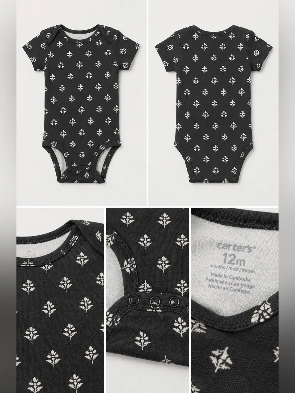 Carter's Black Short-Sleeve Floral Print Bodysuit